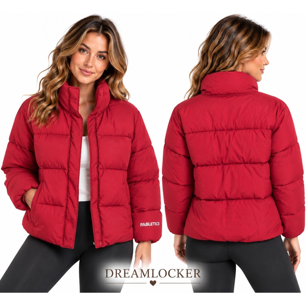 Fabletics Essential Puffer Jacket Women Small Red Full Zip Insulated Winter Coat